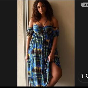 Anthropologie Incerti bright blue green and yellow strappy bandeau dress. XL